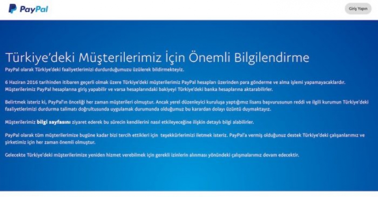 Uluslararası Ödeme Sistemi Paypal Türkiyeden çekildi